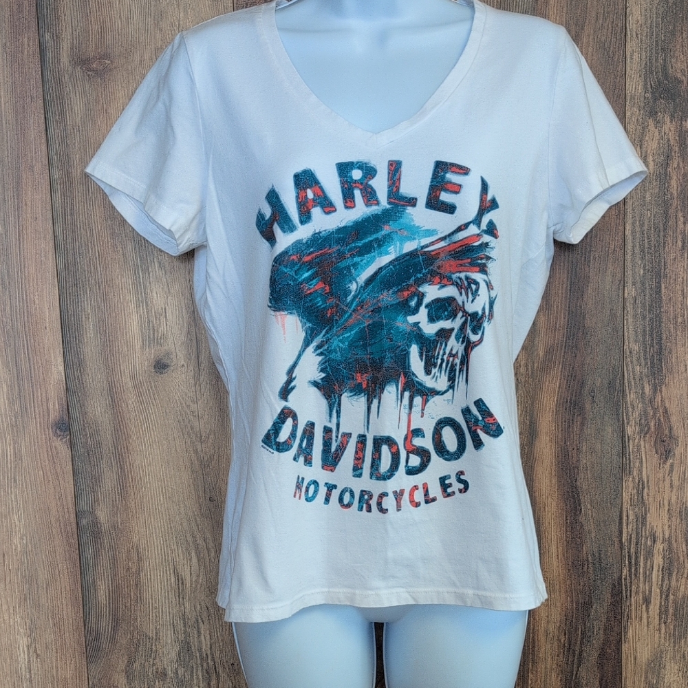 Harley Davidson White Short Sleeve Skull V Neck Tee XL R227